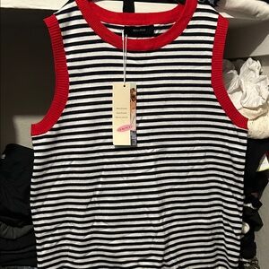 Striped Sleeveless Knit Top with Red Trim